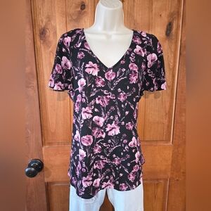 Elle Black and Pink Floral V-Neck‎ Blouse